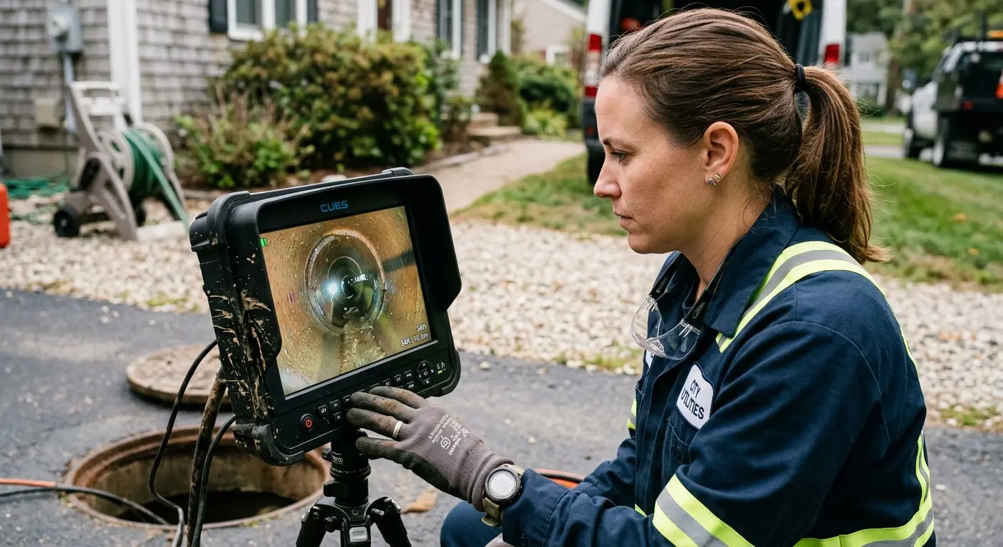 Technician reviewing sewer camera inspection footage in Sierra Vista