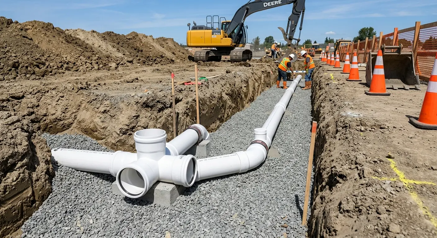 New PVC sewer pipe installation in open trench for Commercial Drain Cleaning in Sierra Vista