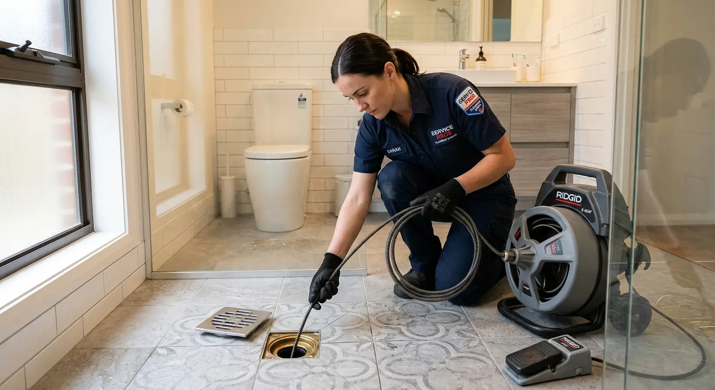 Technician clearing a bathroom floor drain for Sewer Line Replacement in Sierra Vista